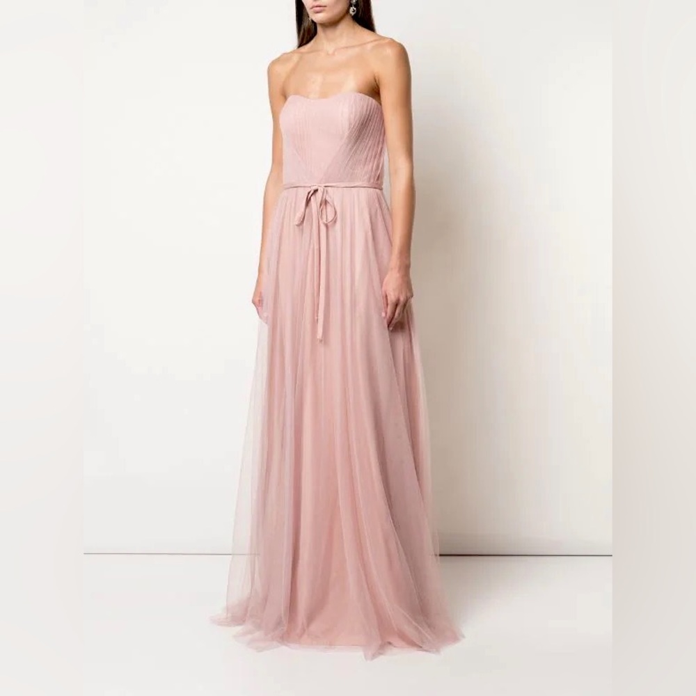 Marchesa Notte Bridesmaids blush pink strapless tulle long bridesmaid gown